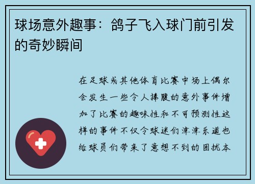 球场意外趣事：鸽子飞入球门前引发的奇妙瞬间
