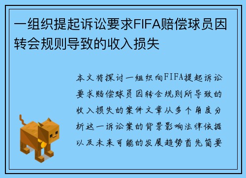 一组织提起诉讼要求FIFA赔偿球员因转会规则导致的收入损失