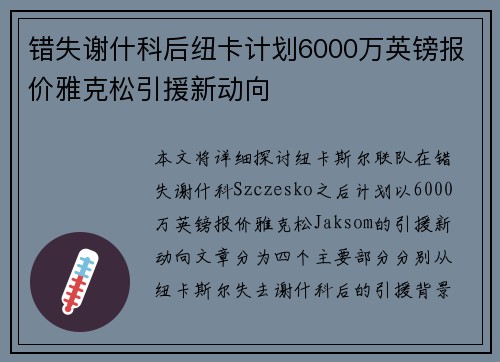 错失谢什科后纽卡计划6000万英镑报价雅克松引援新动向